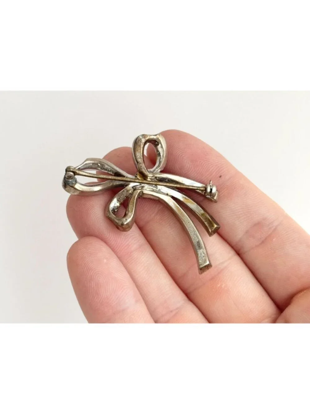 Ribboned Bow Rhinestone Accented Sterling Silver 925 Vintage Brooch | Lapel Pin